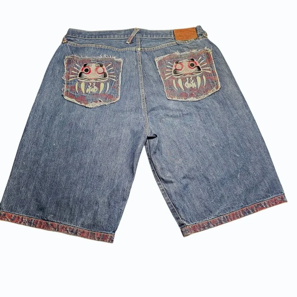 RMC Red Monkey Mens Jean Shorts 38 Denim Button Fly Embroidered Pocket & Hem Y2K